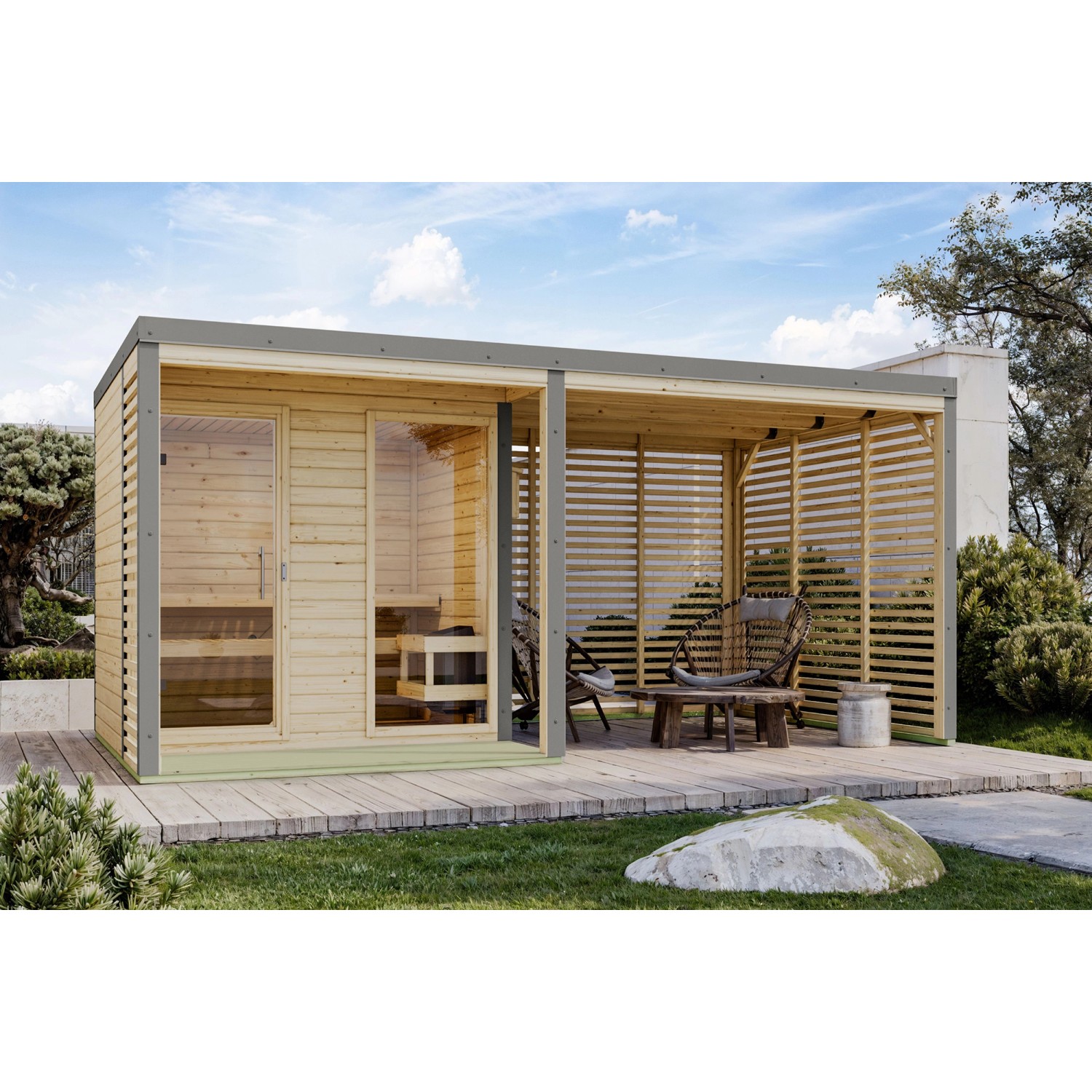 Karibu Saunahaus Seros 2 mit Terrasse und Ofen, naturbelassen/graualuminium. Saunahaus für den Garten.