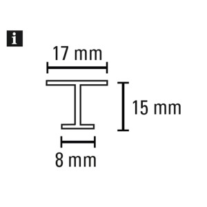 Querschnitt der weißen Gardinia T-Schiene aus Kunststoff mit Maßangaben.