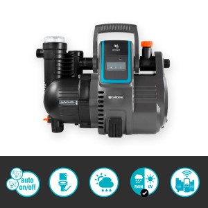 Gardena smart Haus- und Gartenautomat 5000/5: Graue Elektropumpe mit digitalem Display.