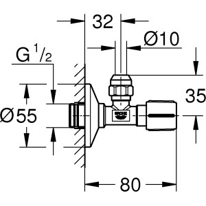 Technische Zeichnung: Grohe Eckventil 1/2 x 3/8 Chrom, Waschgeräte-Ventil mit Maßen.