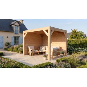 Moderne weka Gartenlaube Lumley aus Fichte mit Flachdach und 2 Holzwänden auf Terrasse, als Lounge genutzt.