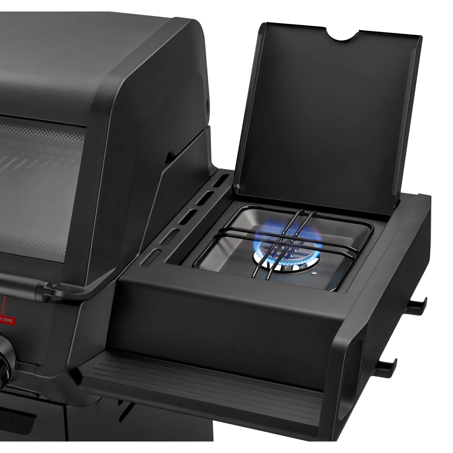 Detailaufnahme des Enders Gasgrills Monroe Pro 3 SIKR Turbo Shadow mit Seitenkocher in Betrieb.