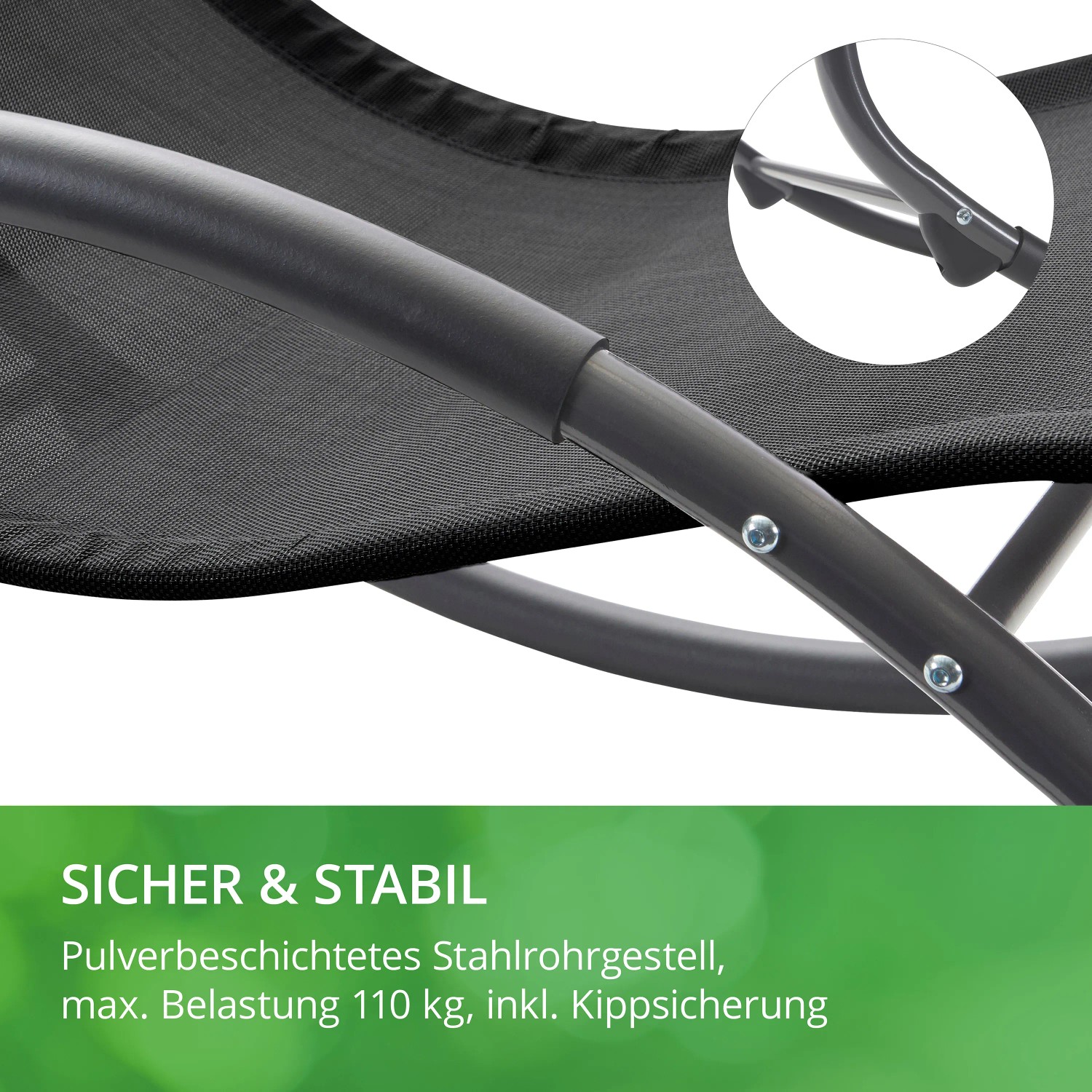 Detailaufnahme: Schwarze Leco Schaukelliege Mila, ergonomisch geformt, mit pulverbeschichtetem Stahlrohrgestell.