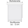 Skizze: Gardinia Doppelrollo, weiße Stoffbahn, Maßangaben zu Rollo- und Stoffbreite.