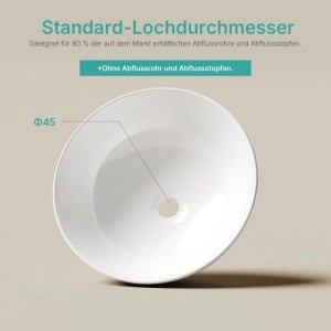Weißes, rundes Keramik-Aufsatzwaschbecken, schalenförmig, mit 45mm Standard-Ablaufloch. Ohne Abflussrohr/Stopfen.