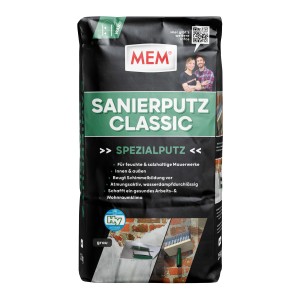 Sack MEM Sanierputz Classic Grau 25kg. Spezialputz für feuchte Mauerwerke, atmungsaktiv und schimmelvorbeugend.