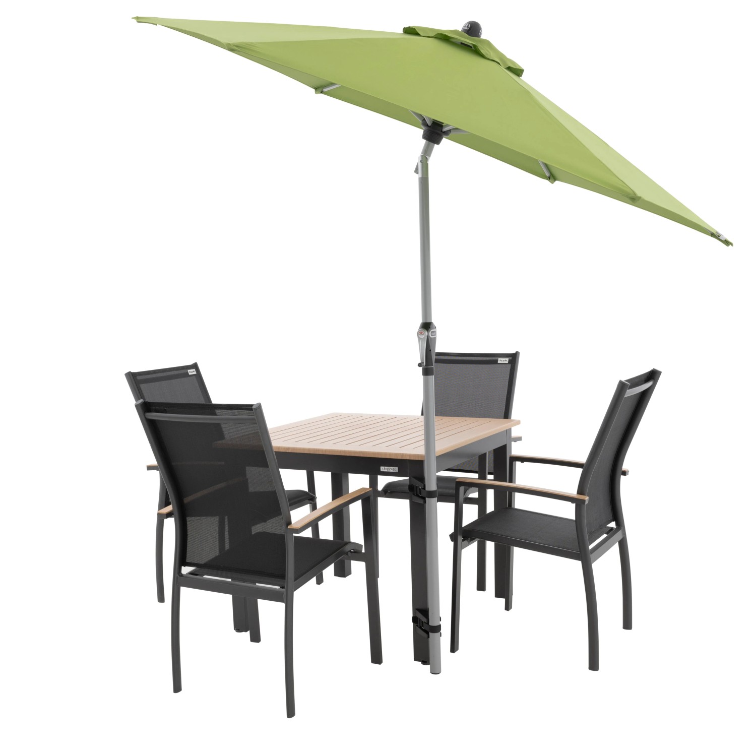 Doppler Table-Fix Sonnenschirmhalterung in Schwarz am Tischbein befestigt.