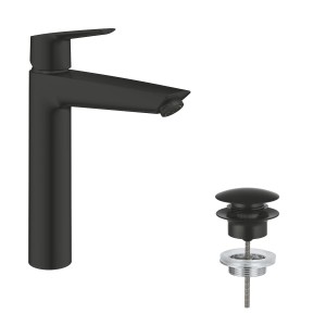 Schwarze Grohe Start Einhand-Waschtischbatterie XL mit Ablaufgarnitur für freistehende Waschbecken.