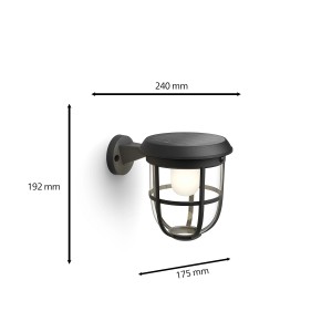 Philips Radii Solar-Wandleuchte mit Käfigdesign und Maßangaben.