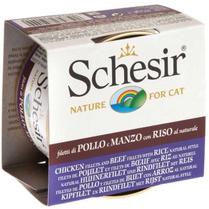 Schesir Katzen-Nassfutter mit Huhn, Rind und Reis, 85g Dose im Karton.