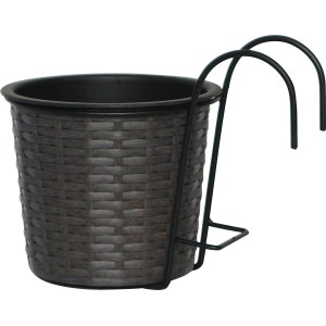 Anthrazit-schwarzer Balkontopf aus Polyrattan, 19x19x22 cm, mit Aufhängung für den Balkon.