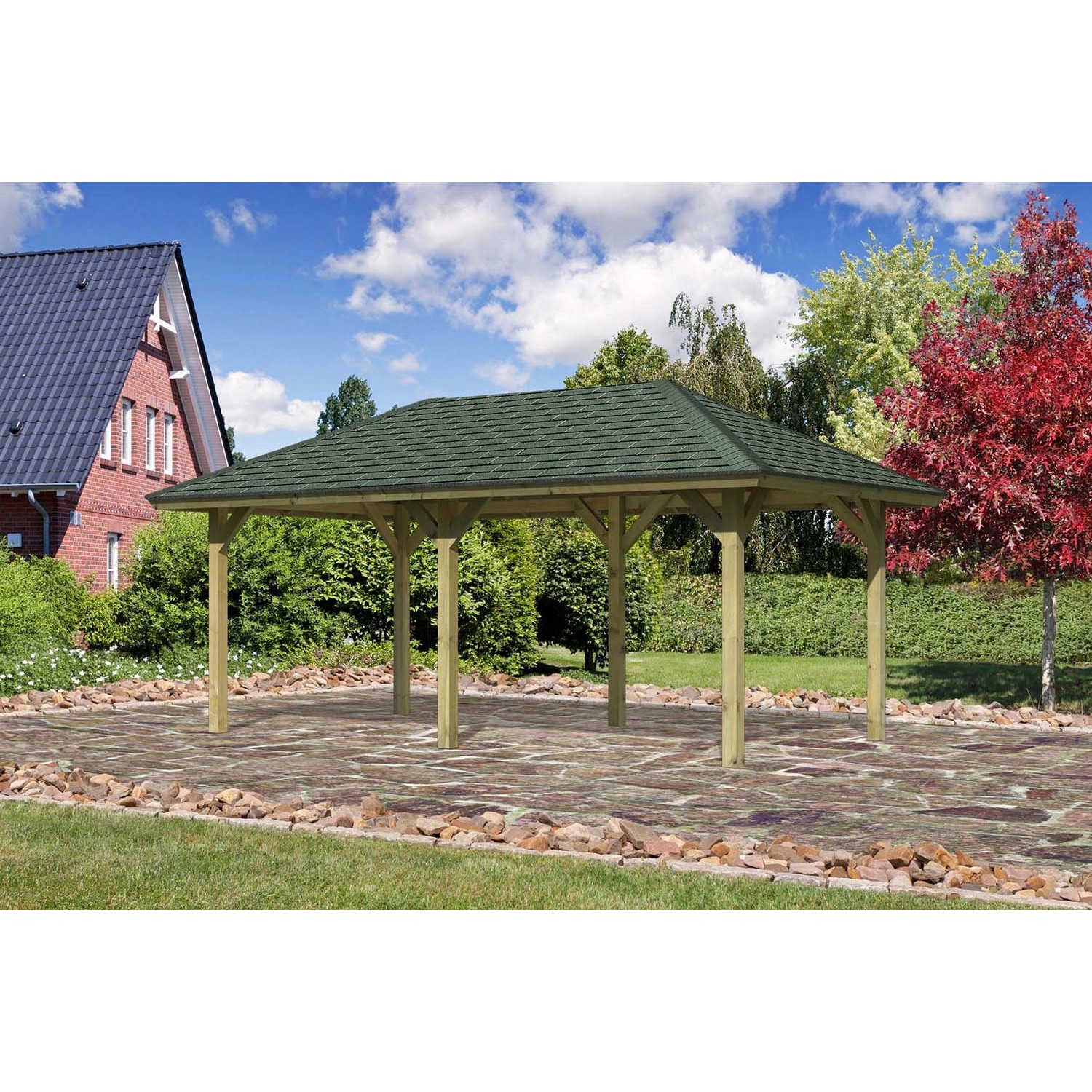 Karibu Pavillon Varberg 2 Set mit grünen Schindeln, kesseldruckimprägniert.
