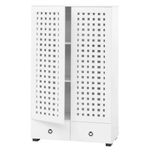 Weißer Wohnzimmerschrank mit 3D-Flechtmuster, zwei Türen, Schubladen und Soft-Close, 138x80x36 cm.