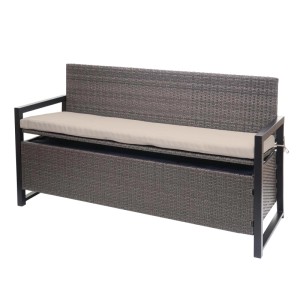 Grau-meliertes 3er Sofa aus Poly-Rattan mit beigem Kissen und Staufach.