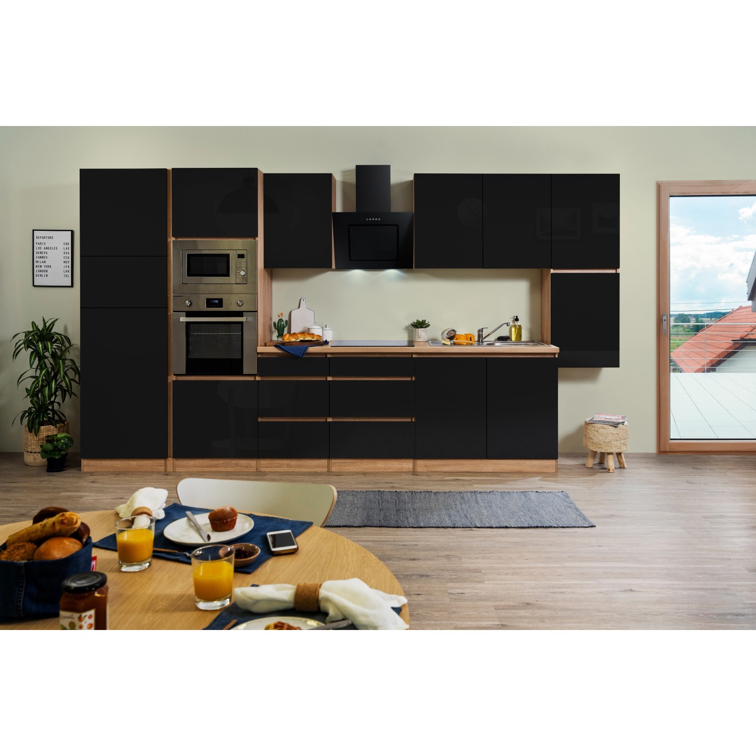 Moderne Respekta Küchenzeile in Schwarz Hochglanz und Eiche Sägerau Optik, grifflos, mit E-Geräten.