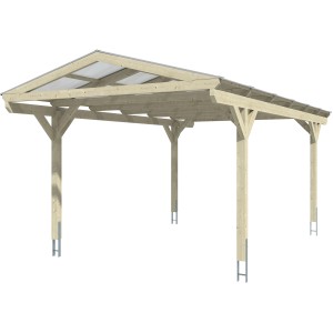 Weißer Skan Holz Carport Westerwald mit Doppelstegplatten und geraden Kopfbändern.