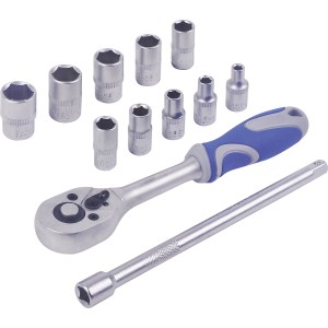 LUX Steckschlüssel-Set, 12-teilig, mit Knarre und Verlängerung für Sechskantschrauben.