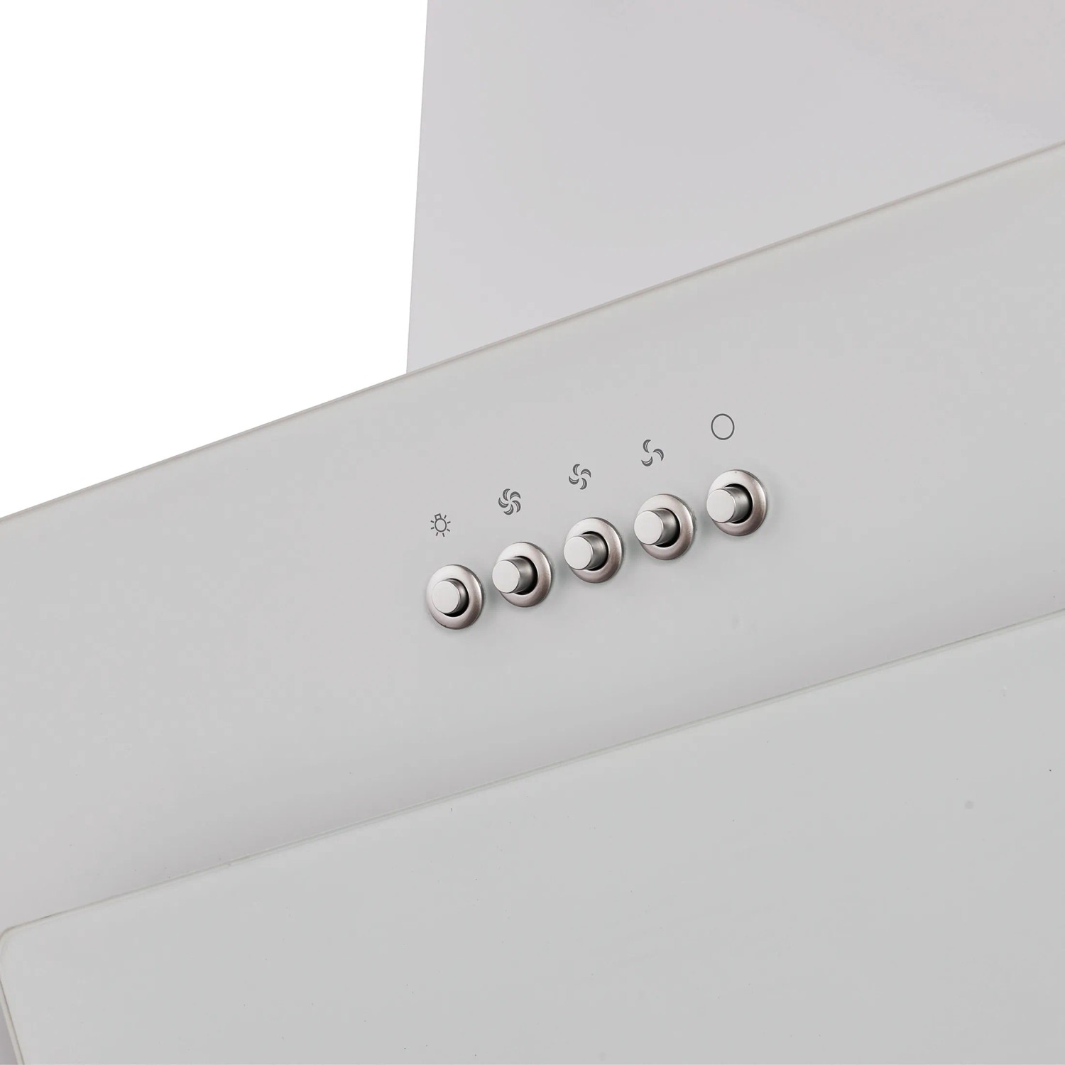 Detailaufnahme der weißen Dunstabzugshaube der Flex-Well Classic Küchenzeile mit Bedienelementen.