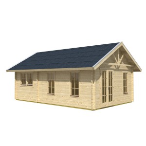 Skan Holz Gartenhaus Bern 4, Weekendhaus aus unbehandelter Fichte mit blauem Dach.