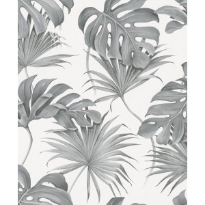 Schöner Wohnen Vliestapete Floral in Weiß-Grau mit Monstera- und Palmenblatt-Motiv.
