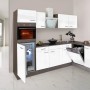 Respekta Winkelküche, 280 cm, Weiß Seidenglanz/Eiche York Dekor, mit E-Geräten wie Kühlschrank und Geschirrspüler.