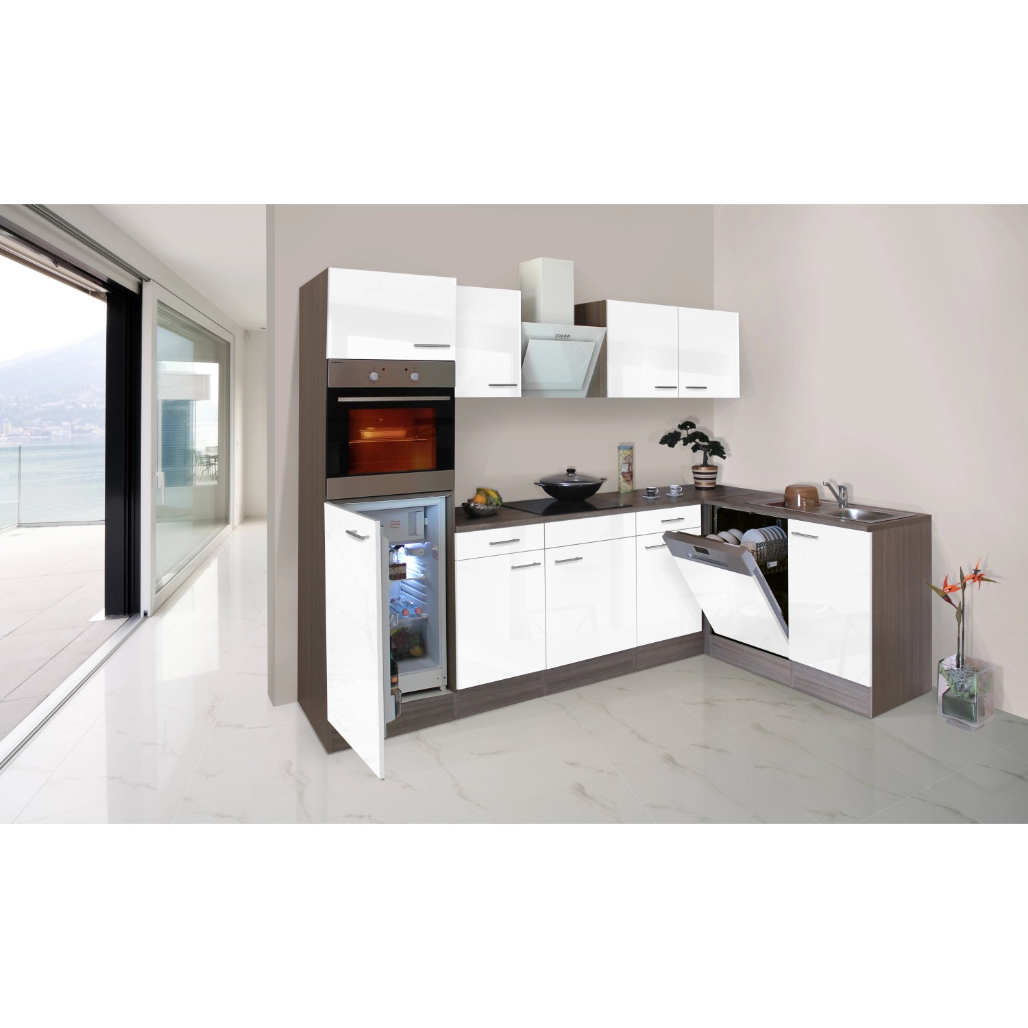 Respekta Winkelküche, 280 cm, Weiß Seidenglanz/Eiche York Dekor, mit E-Geräten wie Kühlschrank und Geschirrspüler.