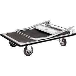 Zusammengeklappter Plattformwagen mit 250 kg Tragkraft, ideal für den Transport im Lager oder auf der Baustelle.
