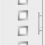 Weiße Aluminium Haustür Moderno M430/B mit Edelstahlgriff und quadratischen Glaseinsätzen.