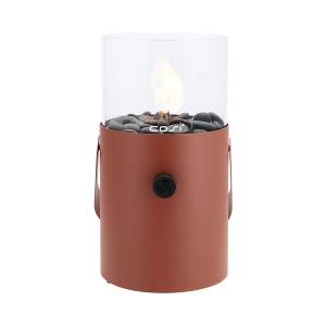 Cosi Original Tisch-Gaslaterne Cosiscoop in Terrabraun mit Glaszylinder, Flamme und Kieselsteinen. Für Terrasse.