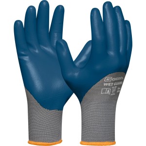 Gebol Arbeitshandschuhe Wet Guard, blau-grau, Größe 9, mit Nitrilbeschichtung für optimalen Grip.
