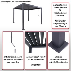 Anthrazitfarbene MCW Pergola P65 mit Lamellendach, 3x3m, Aluminiumgestell. Markise für Terrasse und Garten.
