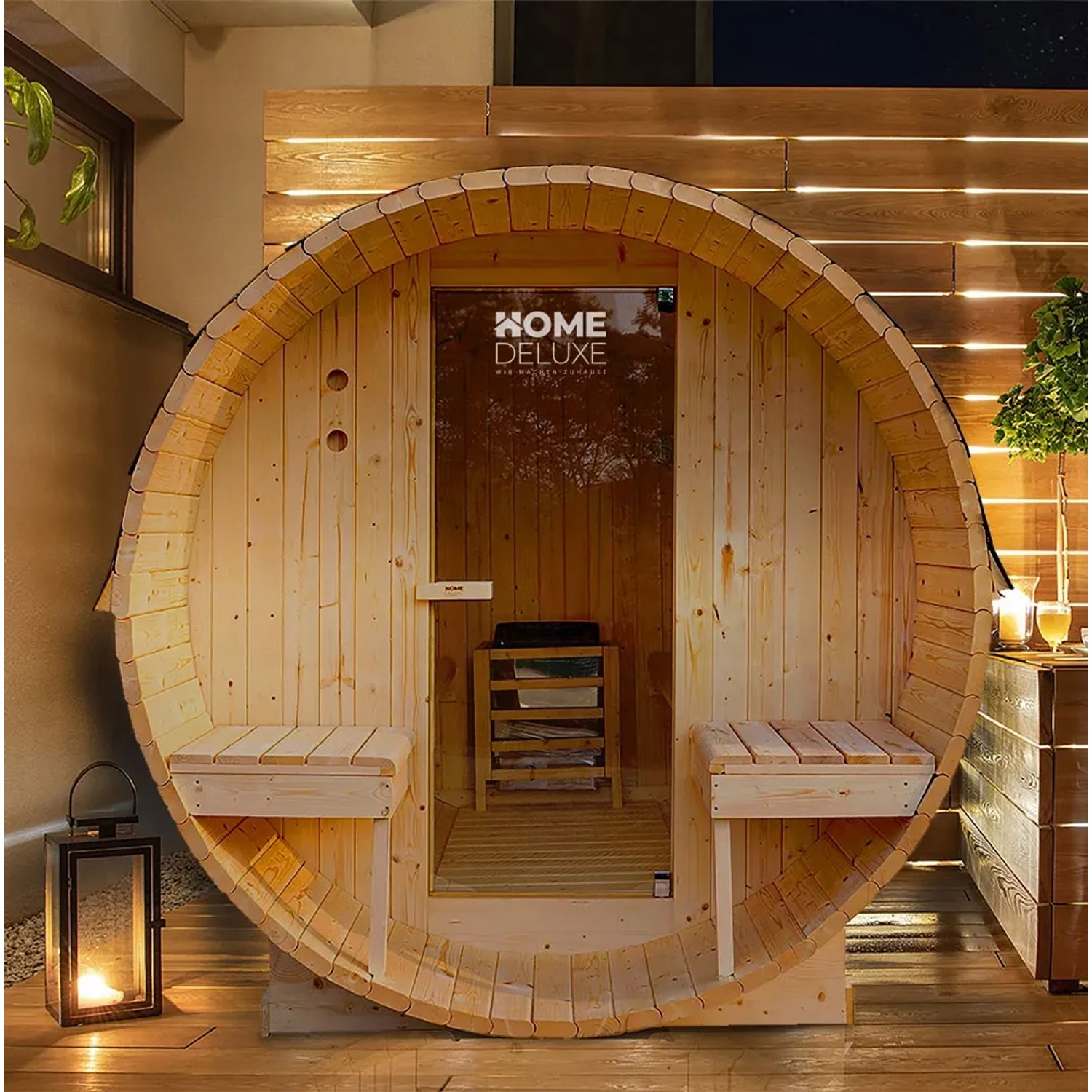 Home Deluxe Fasssauna Lahti Deluxe L mit Ofen und Ambientebeleuchtung, Fichtenholz natur.