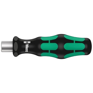 Detailaufnahme: Wera Bit-Handhalter aus dem Fahrradwerkzeug-Set, schwarz-grüner Griff.