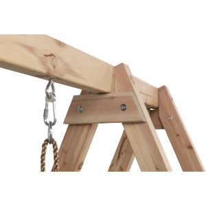 Detailansicht der Holzkonstruktion der Swing King Schaukel Ava mit Seilaufhängung.