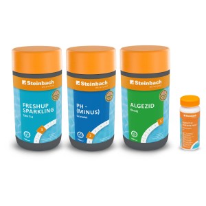 Steinbach Chlor Starterset für Pool Desinfektion: Algezid, Chlorgranulat, pH-Minus und Teststreifen.