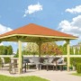 Weka Pavillon Gartenoase 651 A, Holzpavillon mit Dachschindeln und Gartenmöbeln.