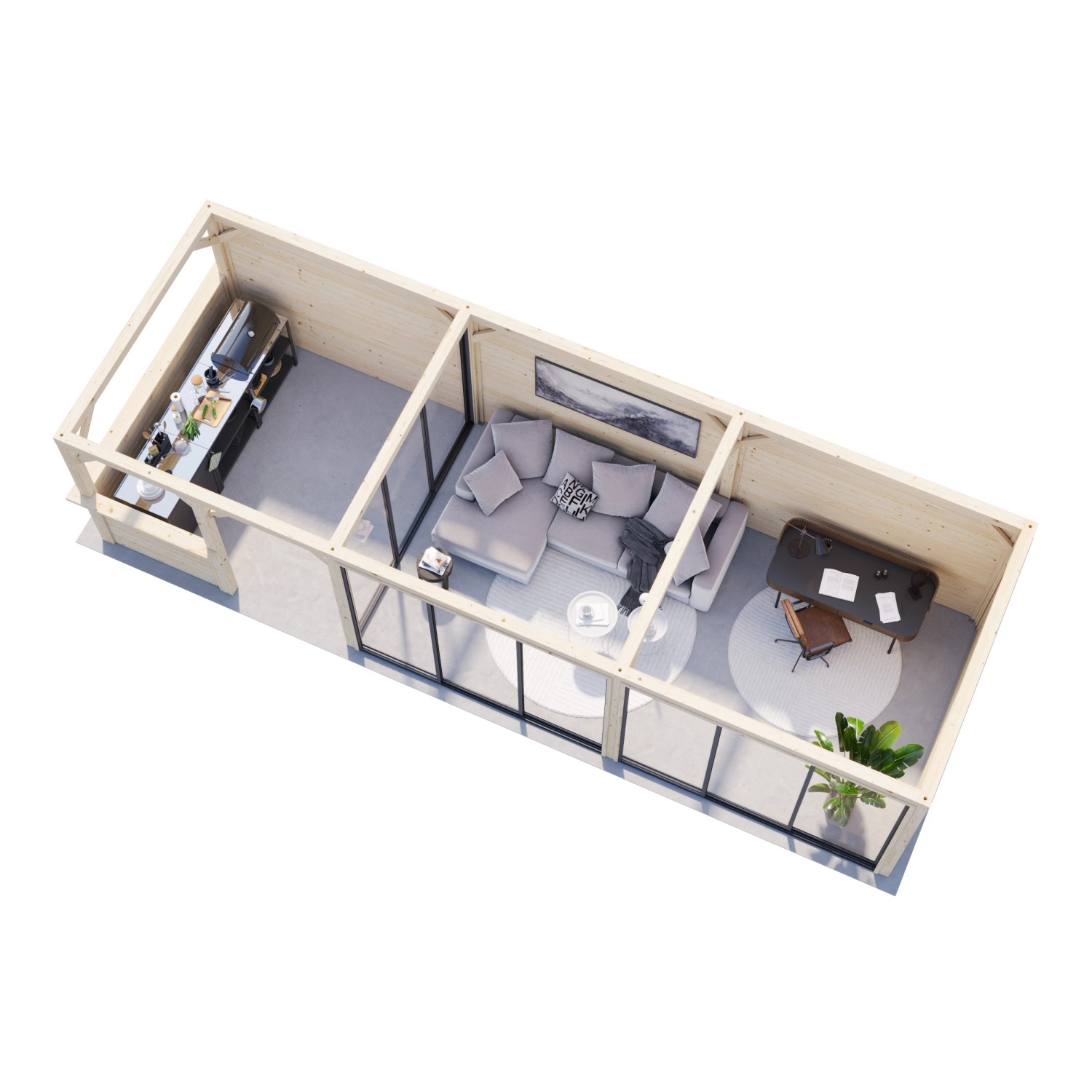 Palmako Pavillon Bianca Set, 876x300 cm, weiß lackiert, mit Schiebetüren und Eck-Tresenanlage. Ansicht von oben.