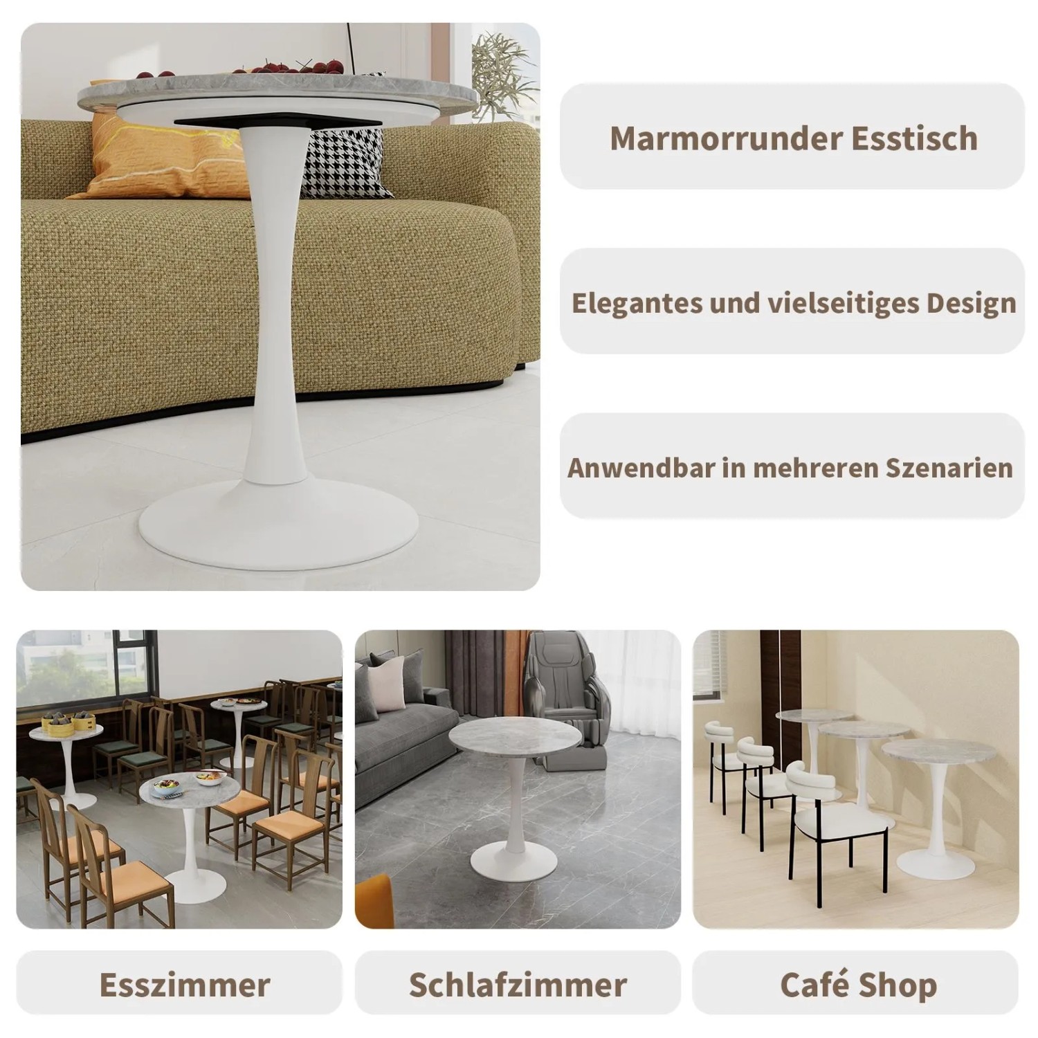 okwish Couchtisch mit Marmor Tischplatte Wohnzimmer Esszimmer 70x70x72cm Weiß Grau_8