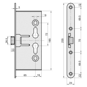 Technische Zeichnung: Basi Einsteckschloss ES 984 für Feuerschutztür, Maße und Details.