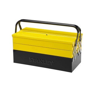 STANLEY Cantilever Werkzeugkoffer aus Metall, gelb-schwarz, mit ausklappbaren Fächern.