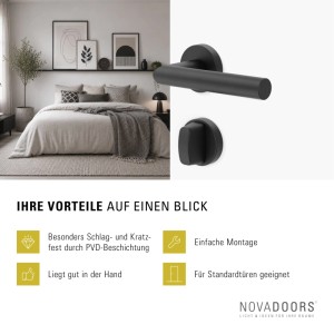 Mattschwarze Novadoors Türgriffgarnitur 120 mit PVD-Beschichtung für Innentüren. Modernes Design, 21 mm Griff.