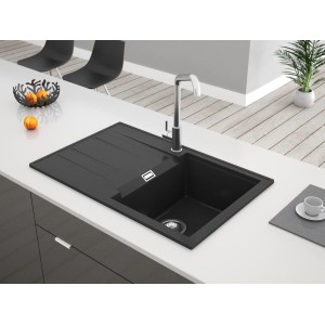 Miló Einbauspüle Piatto 78 Graphit, eckige Granitspüle in moderner Küchenumgebung.