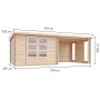 Karibu Gartenhaus Dortmund Set mit Anbaudach und Terrasse, Ansicht mit Maßen.