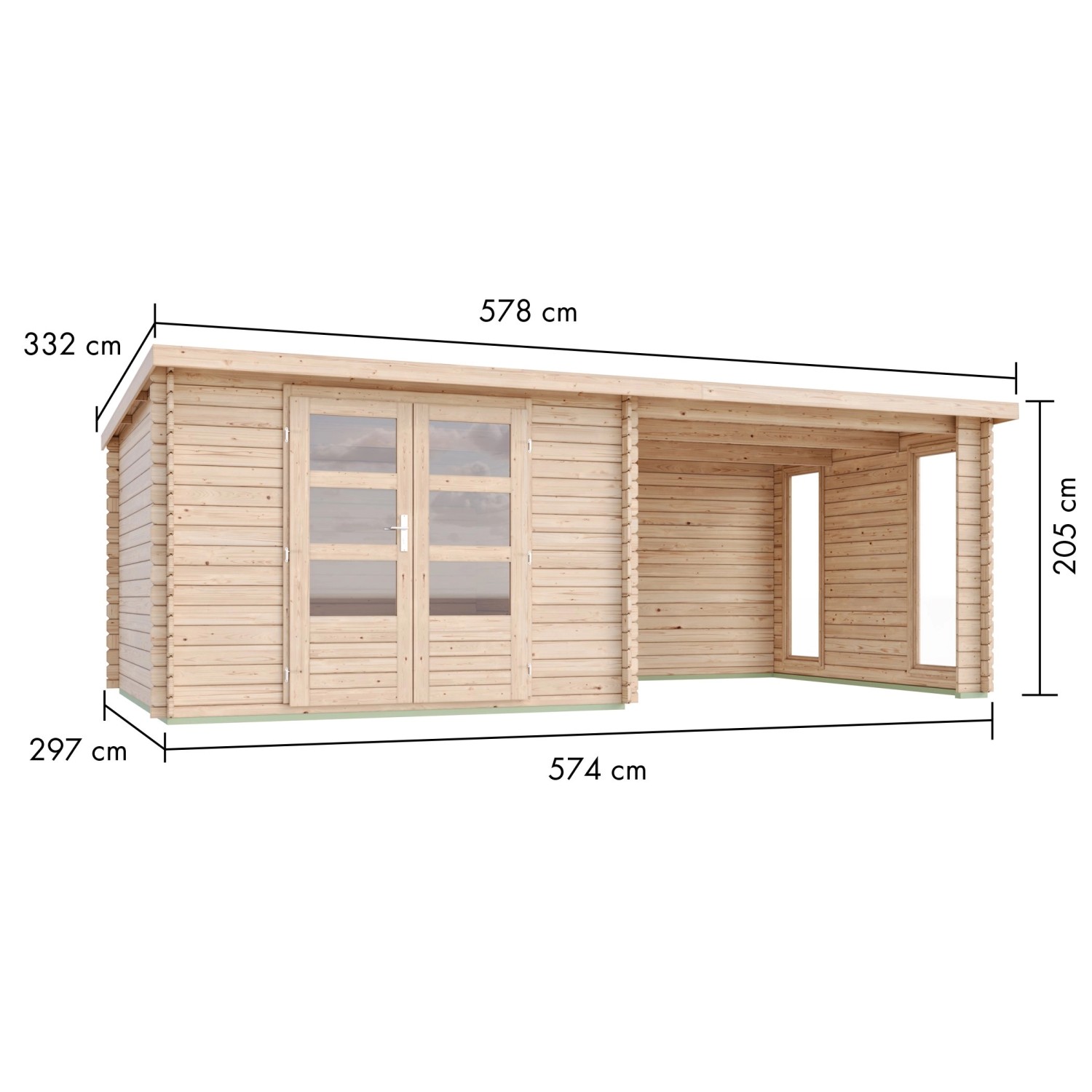 Karibu Gartenhaus Dortmund Set mit Anbaudach und Terrasse, Ansicht mit Maßen.