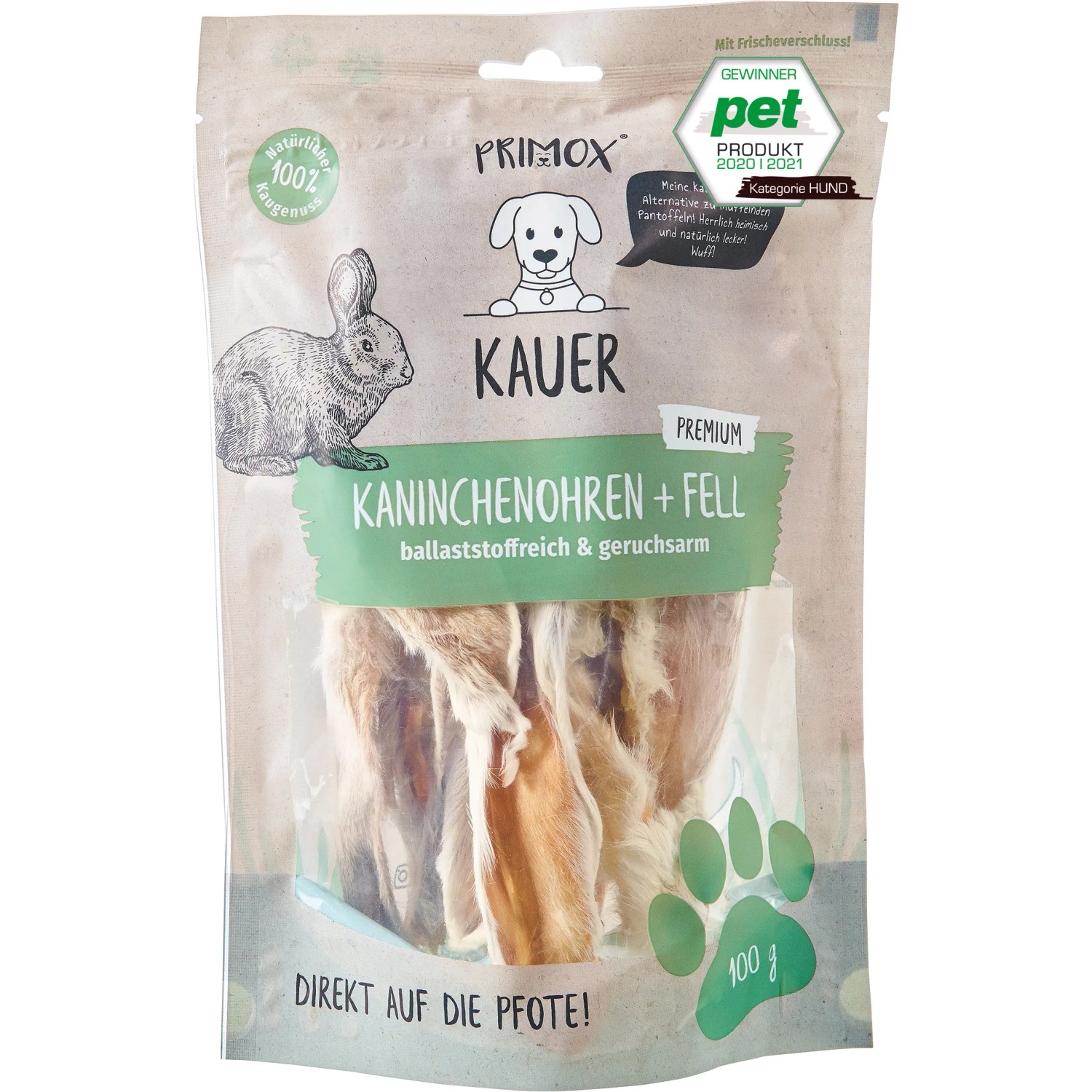 Primox Hunde-Snack Kauer Premium Kaninchenohren mit Fell, 100g Packung.