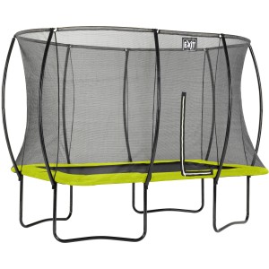 Rechteckiges, grünes EXIT Silhouette Gartentrampolin mit Sicherheitsnetz.