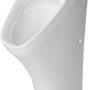 Weißes Duravit DuraStyle Urinal mit Zulauf hinten für Batterieanschluss.