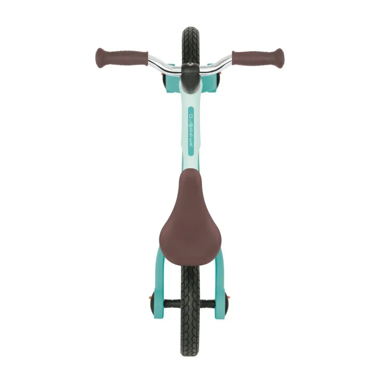 Mintgrünes Globber Go Bike Elite Air Laufrad mit braunem Sattel und Lenker, 10 Zoll Luftbereifung, von oben.