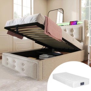 okwish Polsterbett 90x200cm mit LED Kopfteil USB Ladefunktion Jugendzimmer Beige mit Matratze
