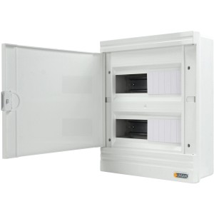 Weißer 2-reihiger Kleinverteiler Aufputz IP40 mit offener Tür für 24 Module.